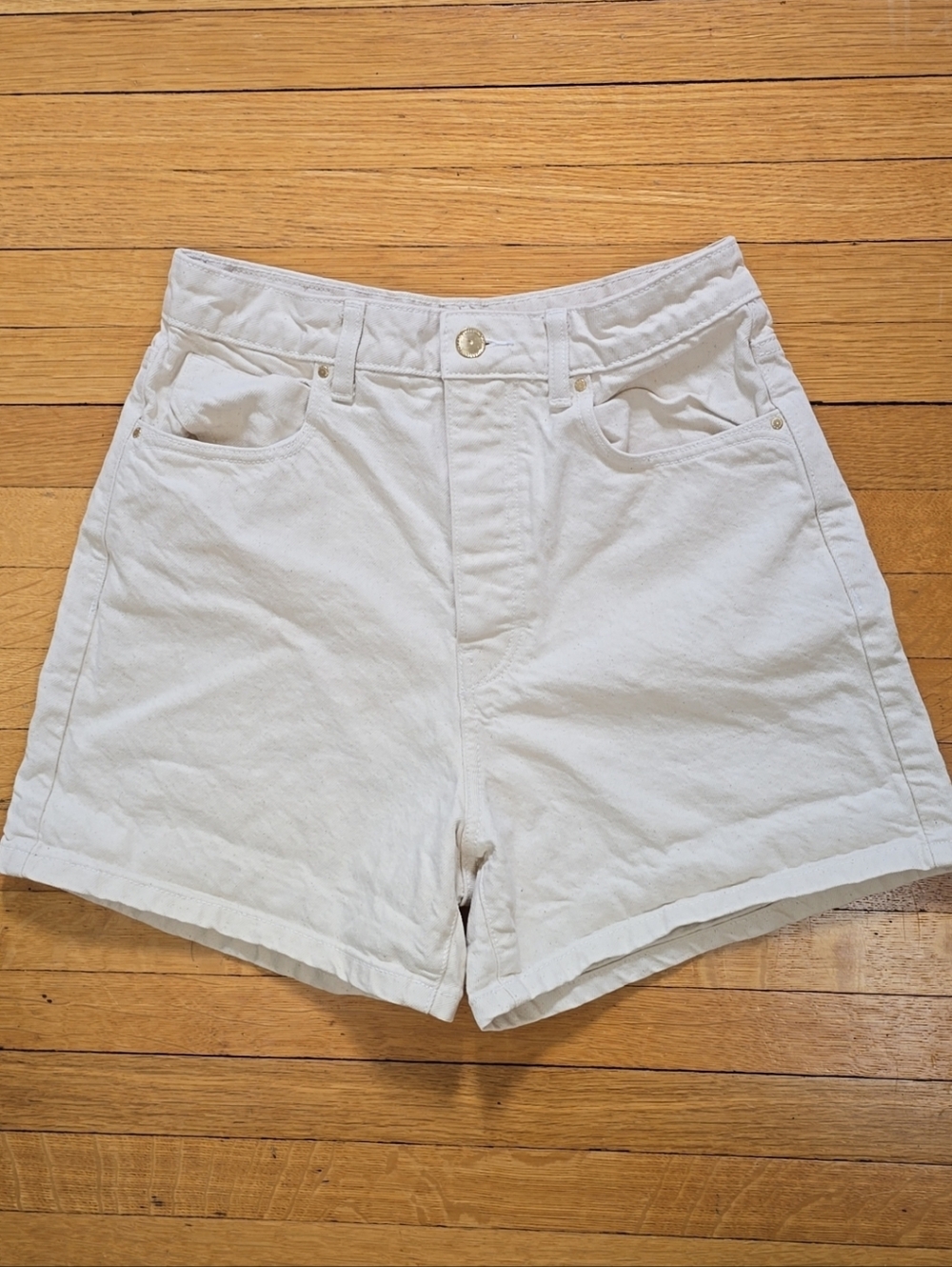 Zara, TRF Trafaluc, High Rise Button Fly Denim Shorts, Cream, EUC, Women's 8